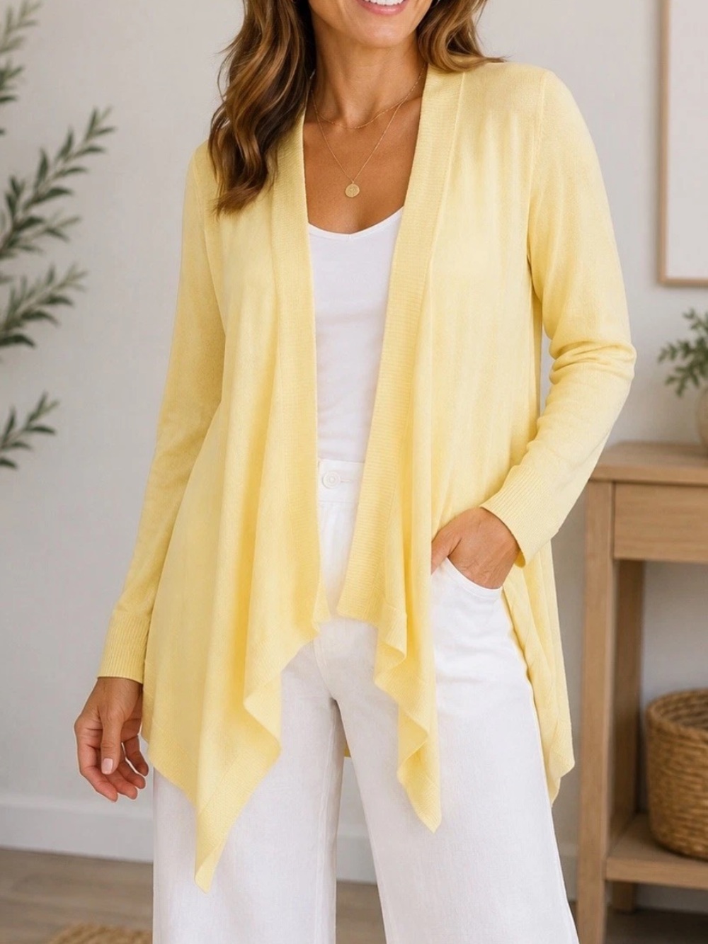 Elie Tahari Butter Yellow Silk Cashmere Open Front Cardigan Sweater Women’s L